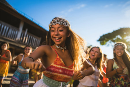 Group of young women dancing in bikinisの素材