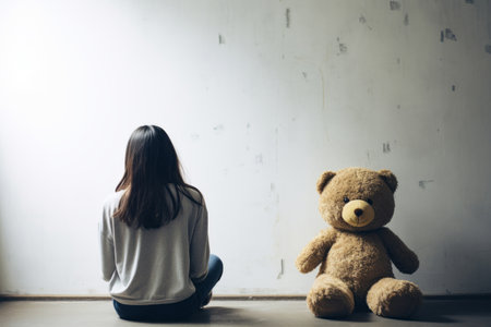 a girl behind body with a teddy bear sitting and facing an empty white wall in the classroom,の素材