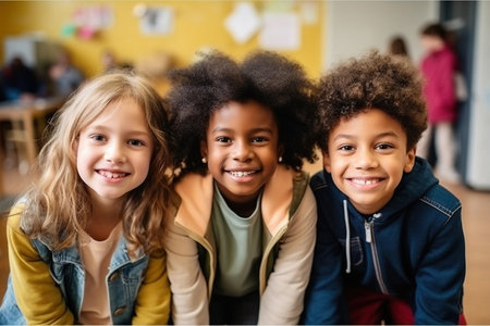 Happy diverse junior school students children group looking at camera standing in classroom. Smiling multiethnic cool kids boys and girls friends posing for group portrait togetherの素材