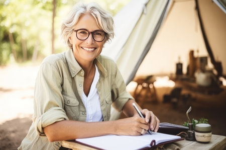 Portrait of pretty senior woman in white casuals writing journals besides tent in forestの素材
