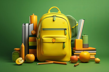 school supplies with a backpack, in the style of dark yellow and light greenの素材