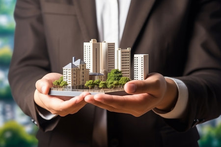 a man holding house model, property agent, landmark backgroundの素材