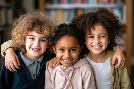 Happy diverse junior school students children group looking at camera standing in classroom. Smiling multiethnic cool kids boys and girls friends posing for group portrait togetherの素材