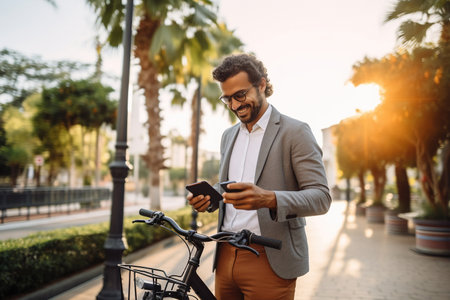 Latin business man holding smartphone using bike rentalの素材