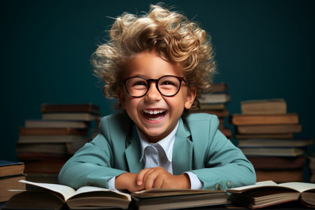 portrait of a happy child little boy with glasses sitting on a stack of books and reading a booksの素材