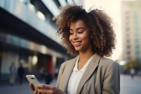 smiling businesswoman in fashion clothes using a smartphone, commuting to work in the cityの素材