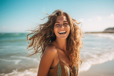 Woman enjoying herself at the beachの素材