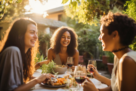 Millennials enjoying dinner party outdoorsの素材