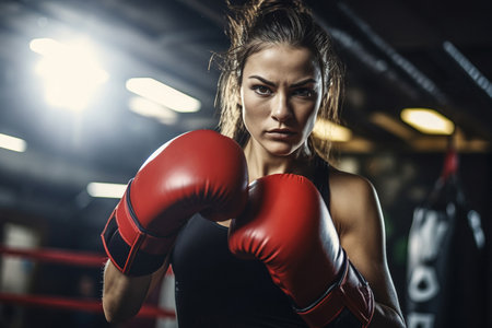 Female boxer punching focus pads in a boxing ringの素材