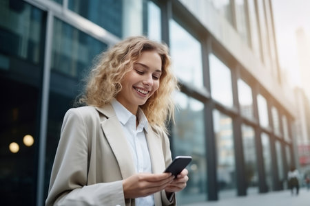 smiling businesswoman in fashion clothes using a smartphone, commuting to work in the cityの素材