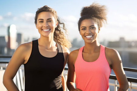 Living a fitness lifestyle Happy female athletes wearingの素材