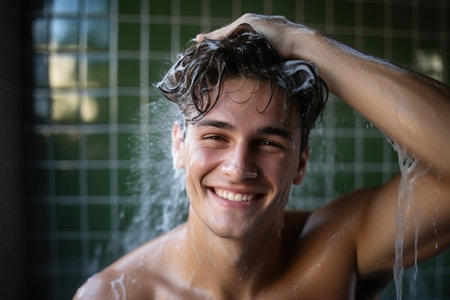 Handsome young man applying shampoo on his hair, preparing for a washの素材