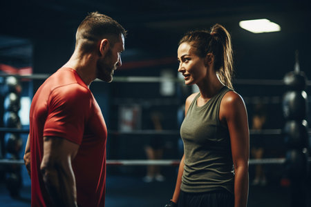 Female boxer training with a coach in a gymの素材