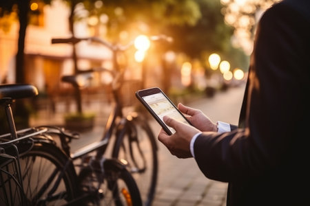 Asian business man holding smartphone using bike rental digital phone app scanning qr code to rent electric bicycle in city public eco transport mobile application standing on urban park on sunsetの素材