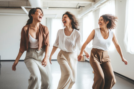 Group of female friends dancing in a studioの素材