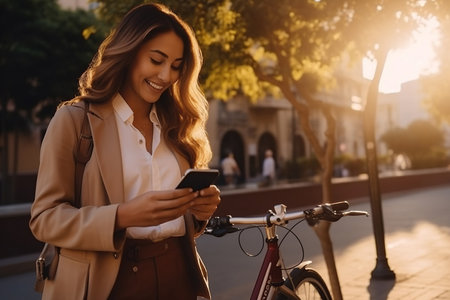 Latin business woman holding smartphone using bike rentalの素材
