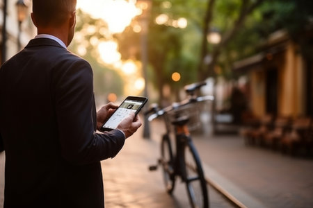 Asian business man holding smartphone using bike rental digital phone app scanning qr code to rent electric bicycle in city public eco transport mobile application standing on urban park on sunsetの素材