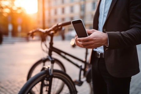 business man holding smartphone using bike rental digital phone app scanning qr code to rent electric bicycle in cityの素材