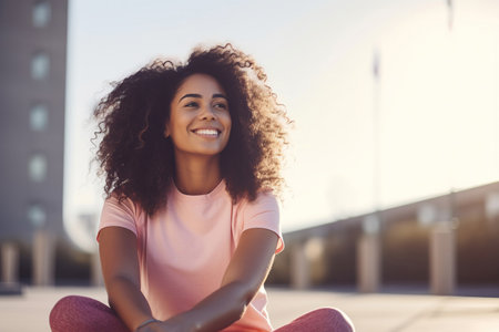 Portrait of a happy sports woman sitting outdoorsの素材