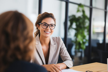 Female hiring manager interviewing a job candidate in her officeの素材