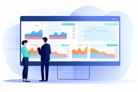 Charts on big display team analyzing illustration.の素材