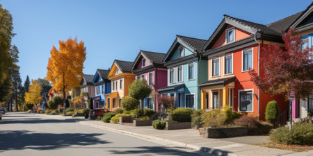 Colorful stucco traditional private townhouses. Residential architecture exteriorの素材
