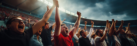 Crowd of sports fans cheering during a match in a stadium - people excited cheering for their favorite sports team to win the gameの素材
