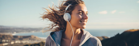 Caucasian sports woman listening to music on headphones outdoorsの素材