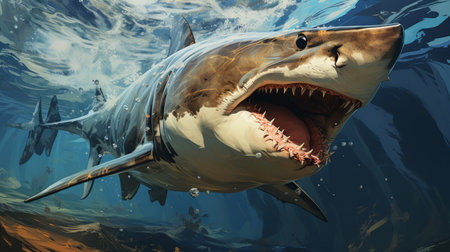 A gigantic great white shark in crystal clear water with caustic reflections.の素材