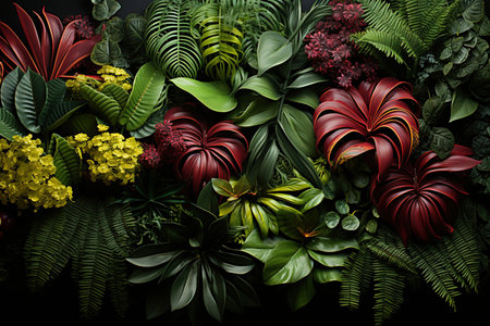 colorful plants on the wall, in the style of exotic atmosphere, dark green and light crimsonの素材