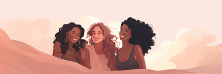 Four happy women on the beach in the style of bold curvesの素材