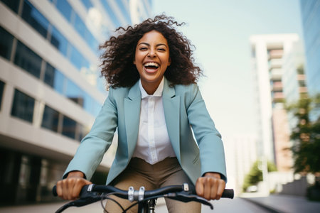 Cheerful business woman riding a bike to work in the cityの素材
