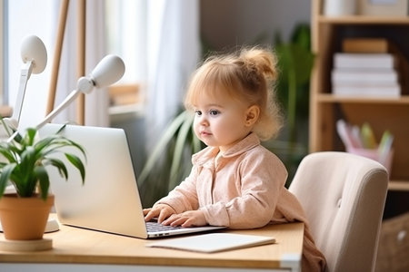 Infant girl using laptop remote working at home office looking at computer talking having hybrid virtual meeting learning english communicating by video call, elearning webinarの素材