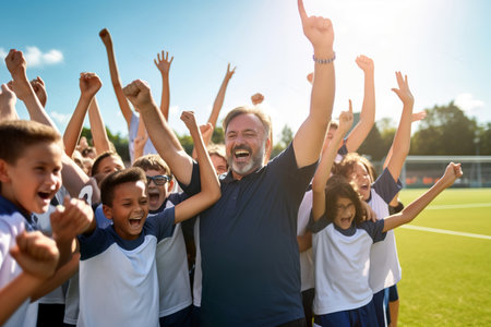 School kids celebrating with their coach on a sports fieldの素材