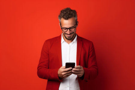 man with phone on red backgroundの素材