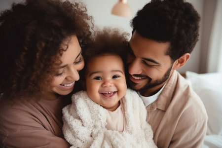 Multiracial diverse young family couple playing with cute baby child in bed holding infant kid girl. Happy multiethnic parents having fun in the morning lifting small daughter in bedroom at homeの素材