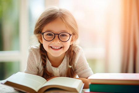 portrait of a happy child little girl with glasses sitting on a stack of books and reading a booksの素材