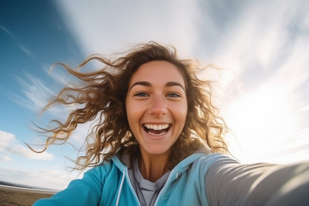 Fitness woman taking a fun selfie against the skyの素材