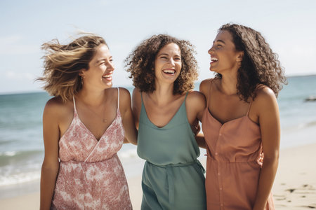 Happy female friends standing on beach waterの素材