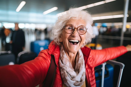very happy old woman at airport terminalの素材