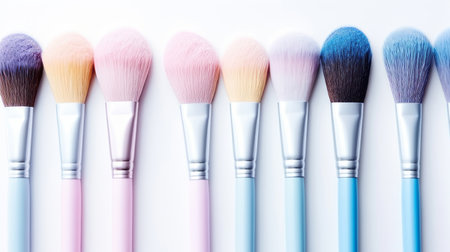 Background image, Pastel pink and blue makeup brushes laid flat on a white surface, allow copy spaceの素材