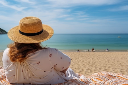 A fat woman enjoys her vacation. sitting relaxing on the beach, In the background the beach and the sea.の素材