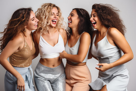 Group of female friends dancing in a studioの素材