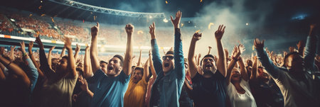 Crowd of sports fans cheering during a match in a stadium - people excited cheering for their favorite sports team to win the gameの素材