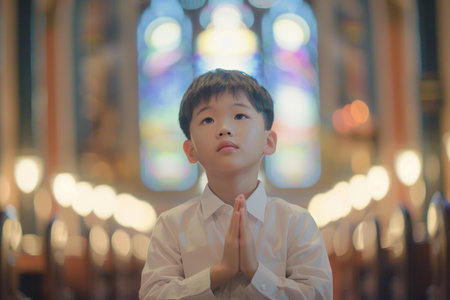 Asian school boy praying in church. Cinematic effectの素材