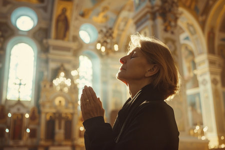 Caucasian woman praying in church. Cinematic effectの素材