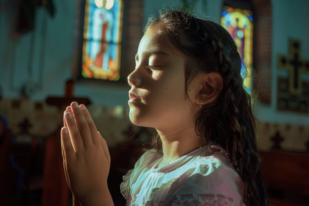 Latin American school girl praying in church. Cinematic effectの素材