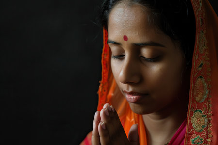 Indian woman prays to god on black studio backgroundの素材