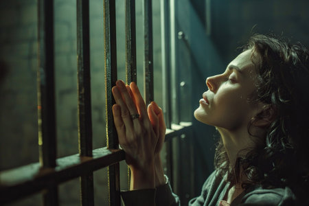 Caucasian woman prays to god in dark prison. Cinematic effectの素材