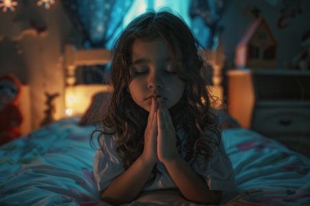 Latin American girl prays to god in dark children room. Cinematic effectの素材
